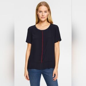 Marc Cain Stretch Silk Navy Blue Short Sleeve Blouse with Red Stitching Size 6